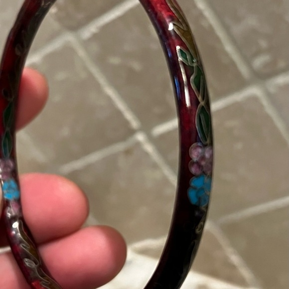 Elegant Red Cloisonné Floral Bangle Enamel Vintage Bracelet - Picture 5 of 7